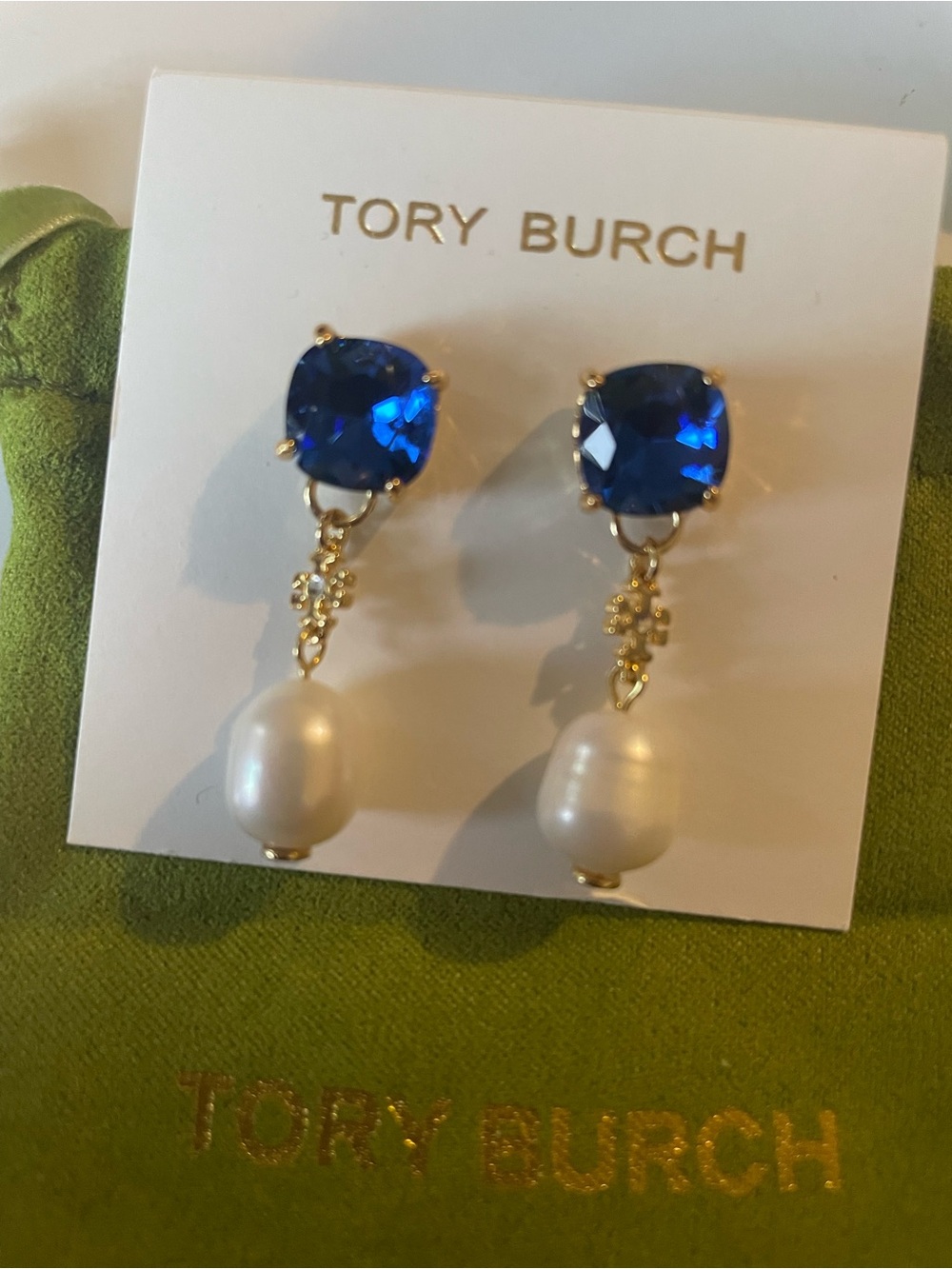 Tory Burch Royal Blue Crystal and Pearl Drop Earrings